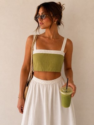 Linen Blend Crop Top Color Block Olive Ivory Square Neck Top Large NWOT