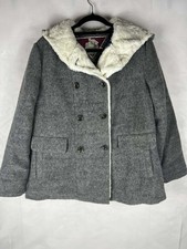 Mantaray Womens Coat UK 14 Grey Wool Blend Faux Fur Collar Hooded Winter Jacket