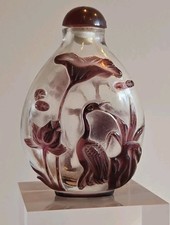 Antique Chinese Purple Overlay Peking Hand Carved Glass Snuff Bottle Heron Lotus