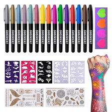 Temporary Tattoo Marker for Skin, 15 Colors Tattoo Pen  50 Stencils for Paintin