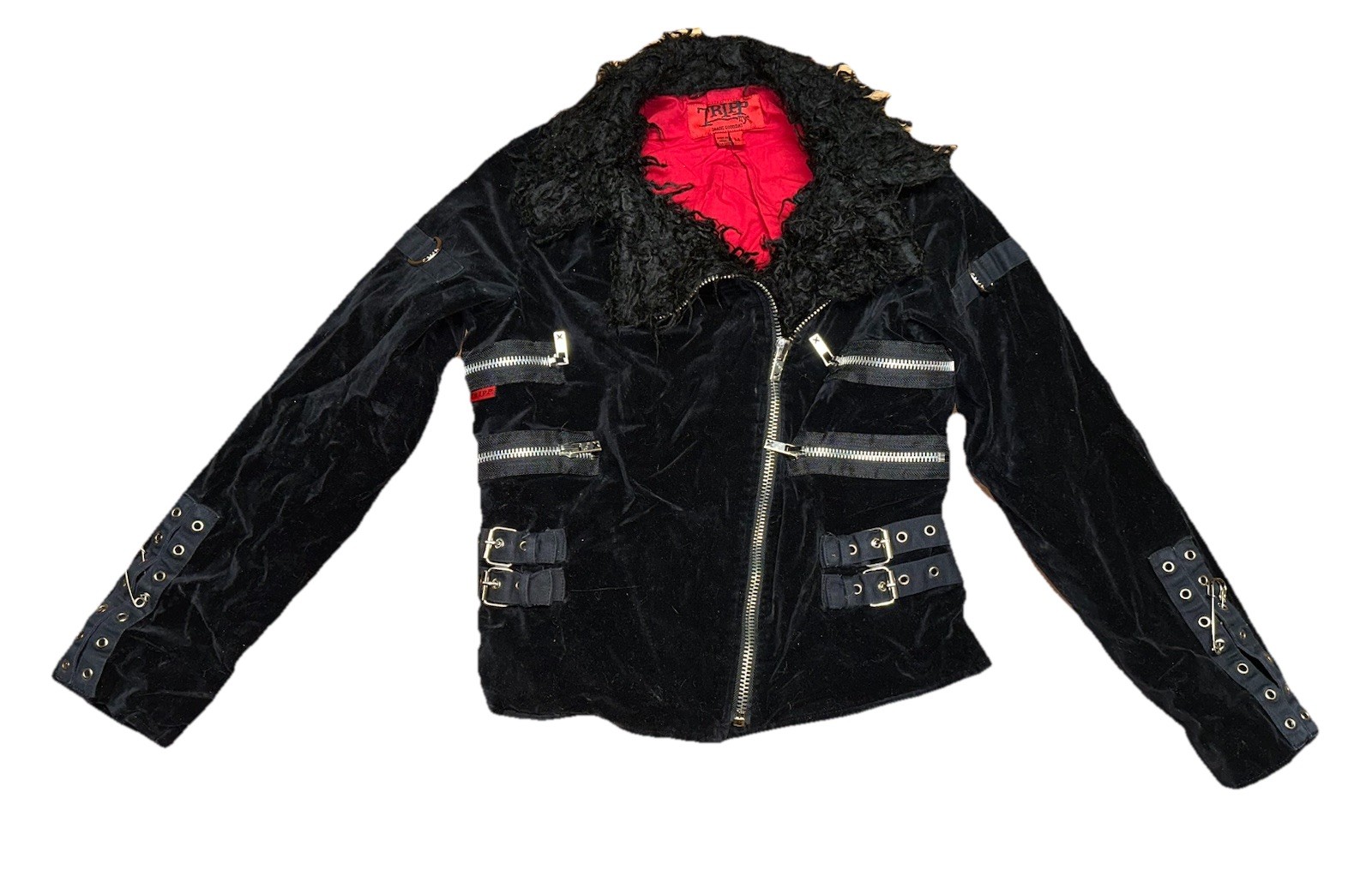 Tripp NYC Moto Jacket Black Velvet VTG Y2K Steampunk Goth Streetwear Size M RARE image 2