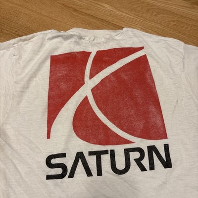 Vintage Saturn Car Logo T-Shirt White USA Made Double Sided Men s Large Stains*