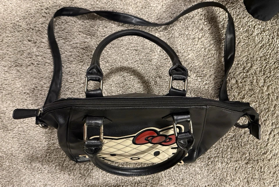 Rare Hello Kitty Quilted Face Black Shoulder Bag Tote Purse Sanrio Cute Kawaii - Image 4 of 4