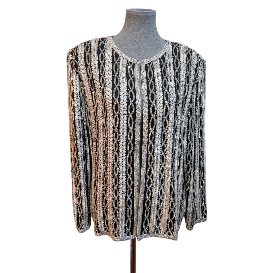 Hochzeit Urlaub Urlaub ausgefallen schwarz weiß Pailletten Perlen Seide XL Jacke - Bild 2 von 4