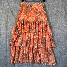 Y2K Floral Tiered Maxi Skirt Womens Large Orange Floral Chiffon Boho Fairycore