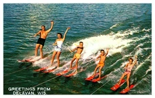 Postcard WI Delavan - Water Skiing Family