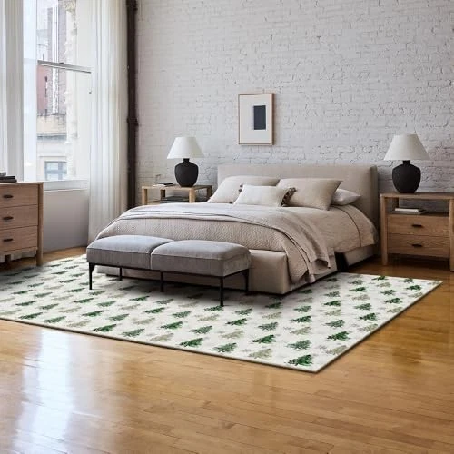 白色绿色手工塔夫特地毯 5x8 现代松树图案柔软地毯生活 — 第 3/4 张图片