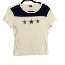 Vintage Y2K Star Graphic Shirt Womens Medium Cream Navy Contrast Yoke 00s