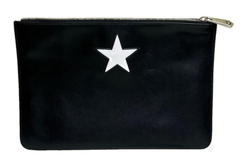 Authentic Givenchy Black Smooth Calfskin White Star Zip Clutch Pouch