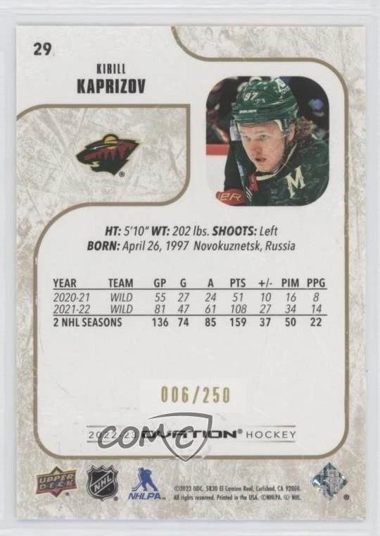 2022-23 Upper Deck Ovation Standing Gold Spectrum /250 Kirill Kaprizov #29 - Image 2 of 2