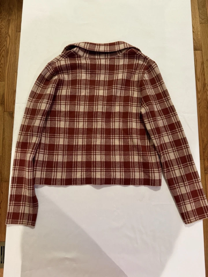 Cynthia Rowley Fleece Plaid Cropped Jacket Burgundy /Beige - Size M (Loc# T3) - Image 2 of 4