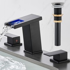 LED Bathroom Faucet 3 Hole, Matte Black Waterfall Bathroom Faucets, 8 Inch Wi...
