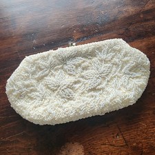 Vintage Evening Clutch Purse White Hand Beaded Hong Kong Wedding Prom DAMAGED