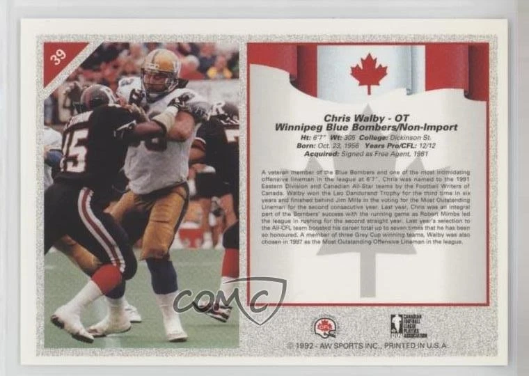 1992 All World CFL Foil Chris Walby #39 - Image 2 of 2
