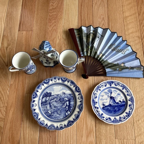 Delft Blue Handpainted Holland Plates Windmill Coffee Cups Fan Lot of 6 Vintage