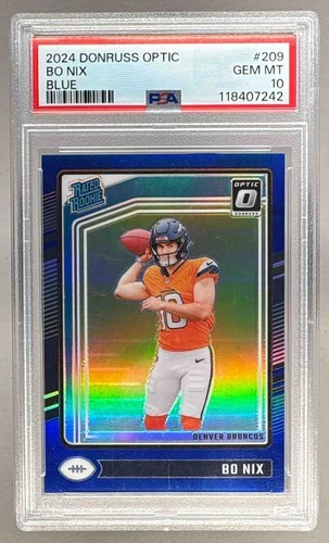 118407242 Bo Nix 2024 Panini Donruss Optic #209 Blue Rated Rookie /199 PSA 10