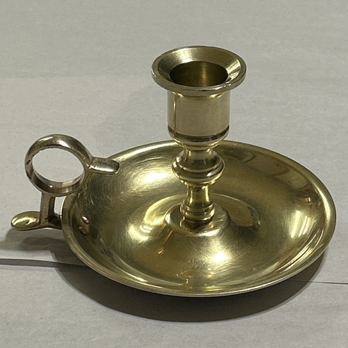 Shiny Brass Chamber Style Candlestick Holder With Finger Holder And Drip Tray