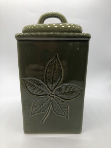 Lillian Vernon Vintage Square Leaf/Fall Green Ceramic Canister-4 Leaf Designs - Picture 1 of 7