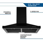 24in Wall Mount Kitchen Range Hood Ducted/Ductless 450CMF 3-Speed Vent LED Black