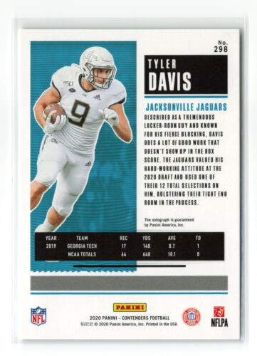 TYLER DAVIS #298 RC 2020 PANINI CONTENDERS JAGUARS ROOKIE TICKET AUTO - Picture 2 of 2