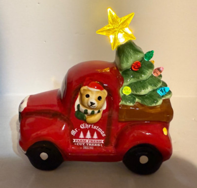 Mr Christmas Lighted Porcelain Farm Fresh Cut Trees Truck Bear w/Timer
