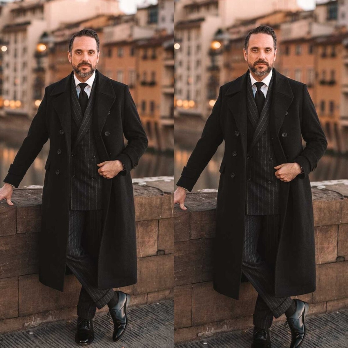 わか　クラネ　PEAKED LAPEL OVER LONG COAT 100% Cashmere Mens Overcoat Black Long Jacket Business Peak Lapel