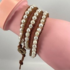 Stunning Brown Leather Freshwater Pearl Wrap Rope Bracelet Boho Statement