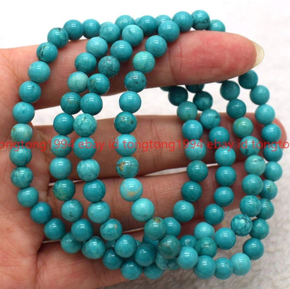 Klassische Atemberaubende 6mm Blau Türkis Runde Edelstein Perlen Armband 19cm - Bild 2 von 3