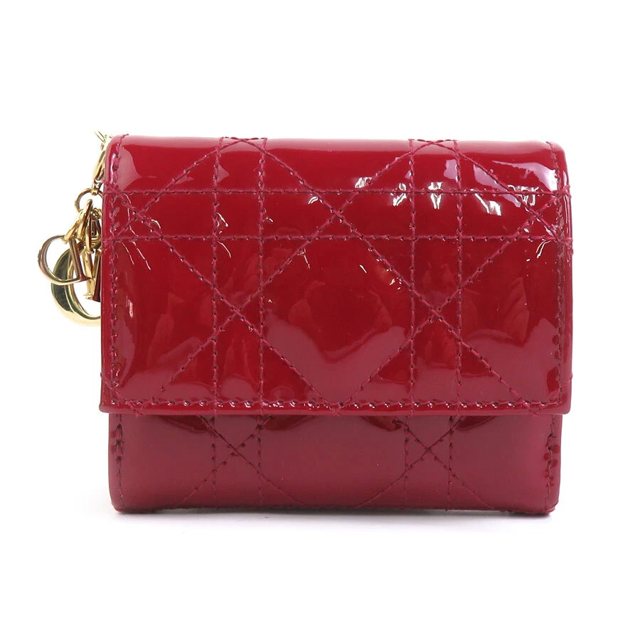 Authentique portefeuille Christian Dior Canage triple cuir verni bordeaux/or   e60099g