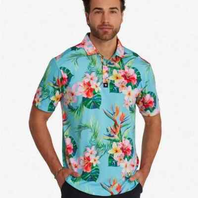 New $72 BAD BIRDIE Tropics Floral Hawaiian 4-Way Stretch Golf Polo Shirt Mens M