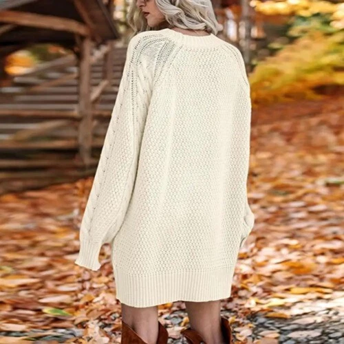 Sweater Crewneck Keep Warm Oversized Pullover Twist Knitted Sweater Dress - Picture 23 of 31
