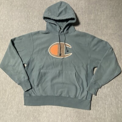 Champion Hoodie Mens LARGE Reverse Weave Blue Teal BIg C Patch Logo  Pullover