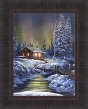 FIRE AND ICE by Jim Hansel 17x21 Winter Log Cabin Northern Lights FRAMED ART