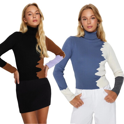 Suéter de cuello alto bloques de color y  para mujer Nuevo 01098
