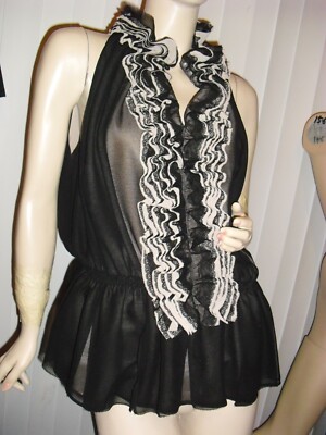 Robert Rodriguez,designer,Neiman Marcus,black beige,ruffles,halter,L,frayed,WOW