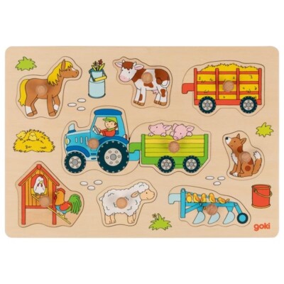 Goki Steckpuzzle Traktor mit Anhängern Puzzle Holzpuzzle 57468