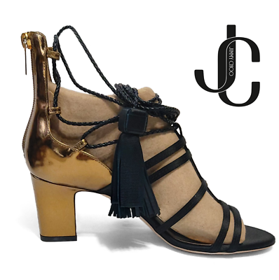 Jimmy Choo Diamond 65 Black & Gold Leather Strappy Sandals