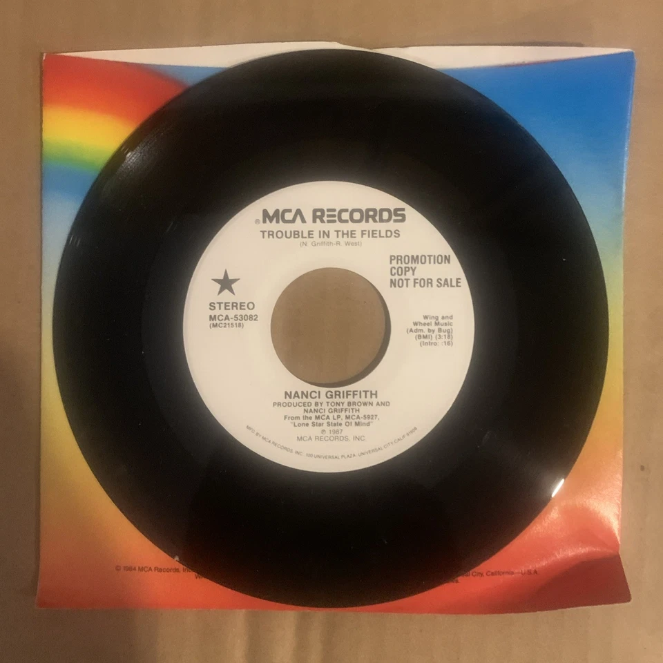 Nanci Griffith, 45 rpm, Promo, VG+, Trouble In The Fields, MCA-53082 - Image 2 of 2