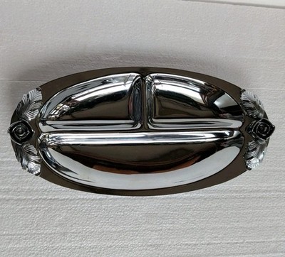 VTG Continental Chrome Serving Tray 3 Sections Floral Charcuterie Snacks 12.5''