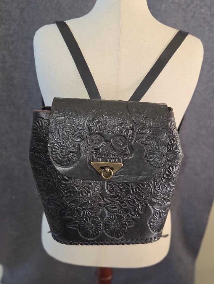 VTG Hand-tooled Leather Sugar Skulled Backpack - Photo 1/4