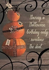 Designer Greetings Stack of 3 Pumpkins on Wooden Bench Halloween Birthday Card
