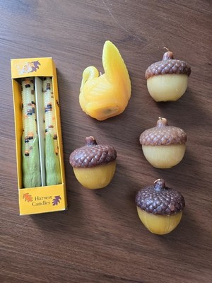 Vintage Firgural Thanksgiving Candles. 10'' Taper Acorn Turkey Corn Candle Fall 