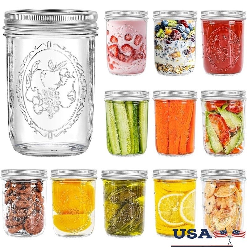 12 Pack Wide Mouth Canning Jars Airtight Glass Mason Jars W/ Lids
