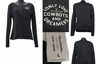 Yellowstone x Lucky Brand Womens L Black Ribbed Henley Cowboys Dreamers Top