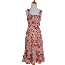 Vintage Cottagecore Summer Dress Pink Bird Floral Ruffle Pockets Women XS