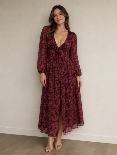 Fransesca's Burgundy Floral Maxi Peasant Dress L Long Puff Slv Deep V Boho NWT