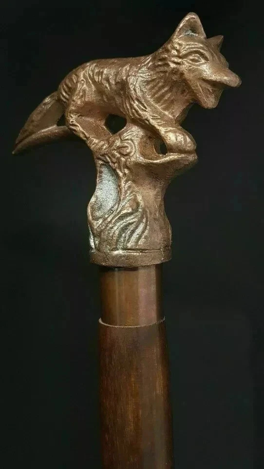 Antiguo bastón de madera estilo bastón cabeza de zorro vintage mango de metal cobre Foto 4 de 4