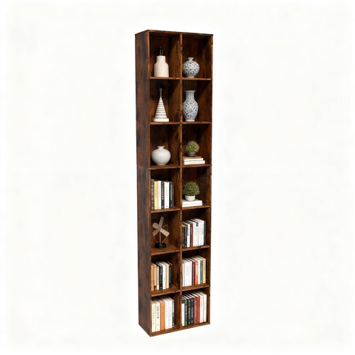 71" Tall Shallow Bookcase DVD Storage Shelf, 14 Cubes 7 Tier Narrow Wide Book...