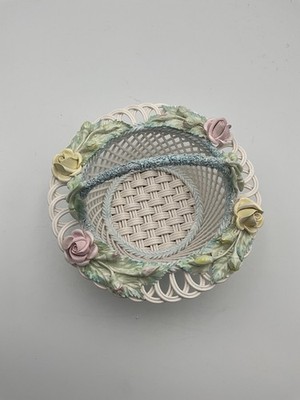 Belleek  Yellow & Pink Roses Basket with Blue  Handle  Ireland Porcelain