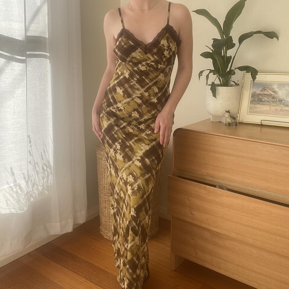 Valley Girl Foral/Plaid Lace Trim Maxi Slip Dress Size 8